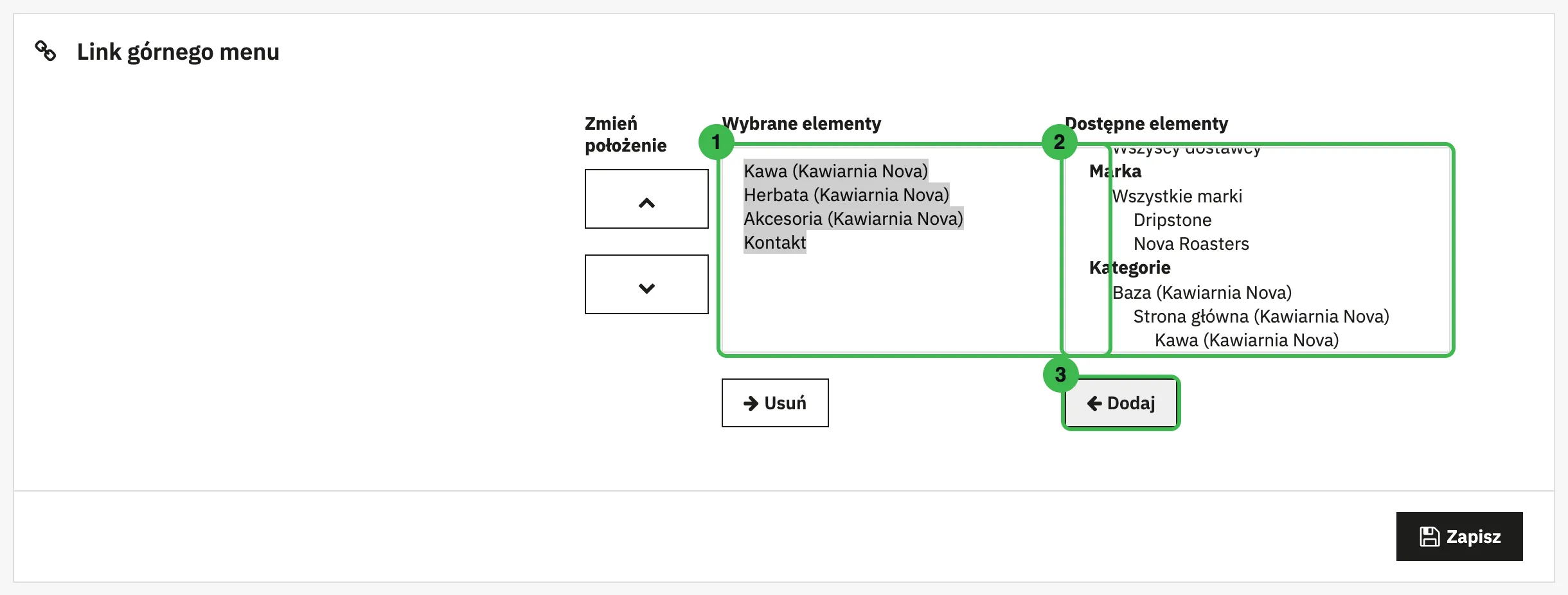 Konfiguracja menu głównego z listą wybranych elementów Kawa, Herbata, Akcesoria, Kontakt i listą dostępnych elementów