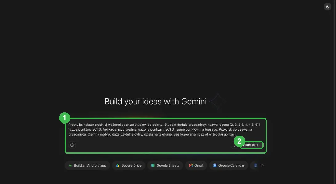 Pole opisu aplikacji z opisem kalkulatora ECTS i przyciskiem Build