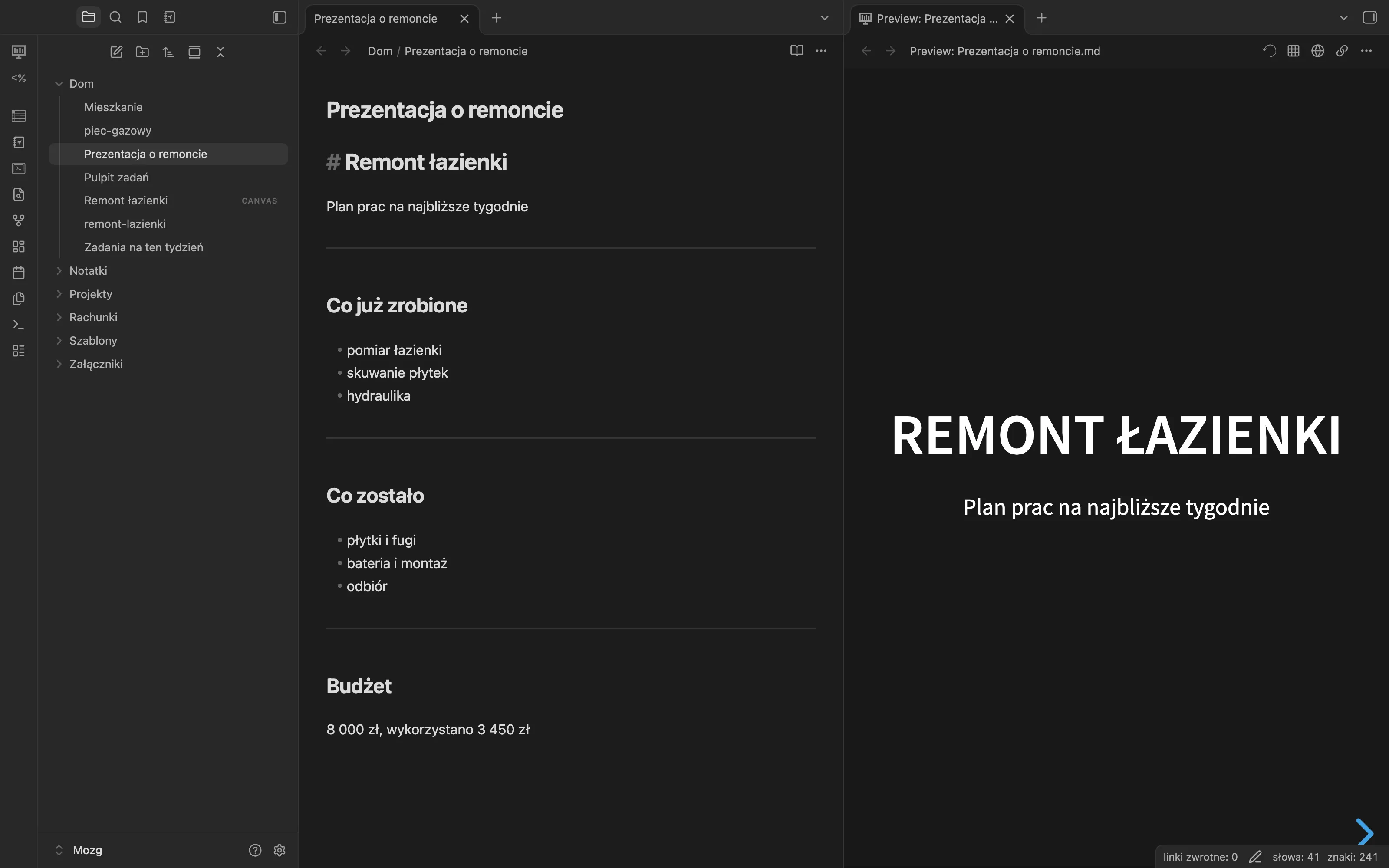 Notatka z planem remontu obok podglądu prezentacji Slides Extended: pierwszy slajd z tytułem Remont łazienki
