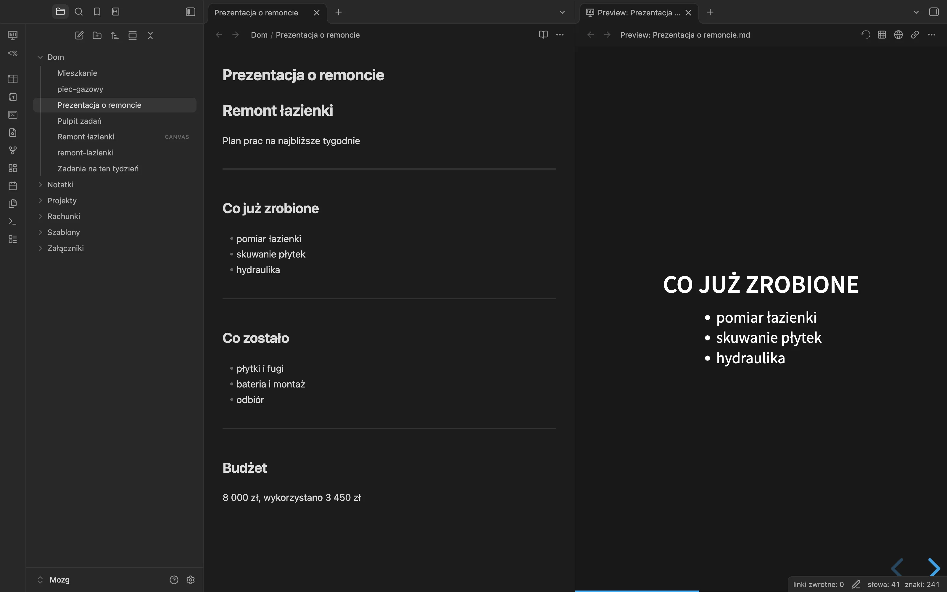 Drugi slajd prezentacji Co już zrobione z listą trzech punktów, obok notatka źródłowa