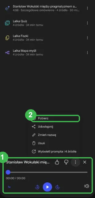 Odtwarzacz podcastu w Studio i menu z opcją Pobierz