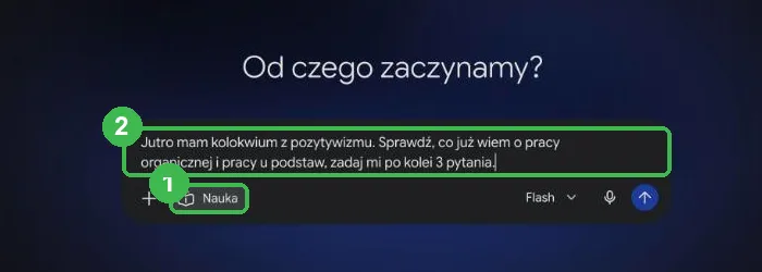 Pole pytania z plakietką Nauka i wpisanym poleceniem o kolokwium z pozytywizmu
