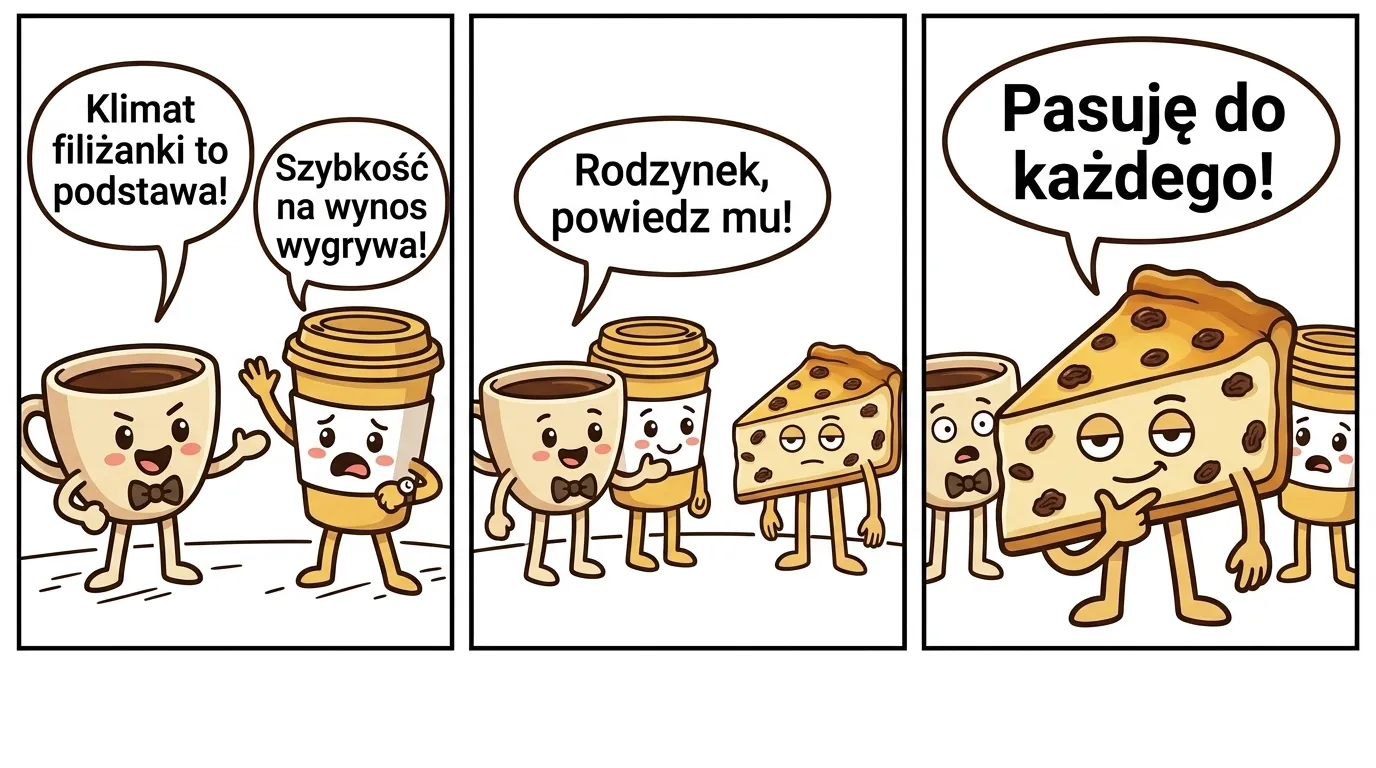 Komiks w trzech kadrach z postaciami Kawiarni Nova