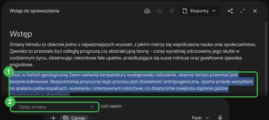 Zaznaczony akapit w Canvas z pojęciami działalność antropogeniczna i bezprecedensowe, pole Opisz zmiany