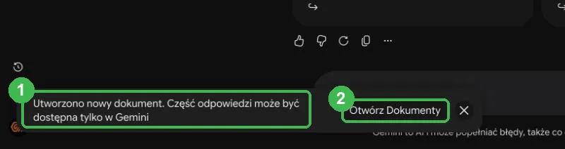 Komunikat o utworzeniu dokumentu z przyciskiem Otwórz Dokumenty