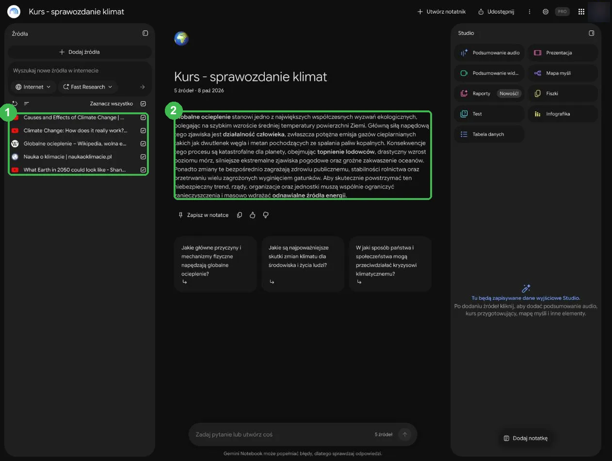 Notatnik z pięcioma źródłami o klimacie i automatycznym podsumowaniem po polsku