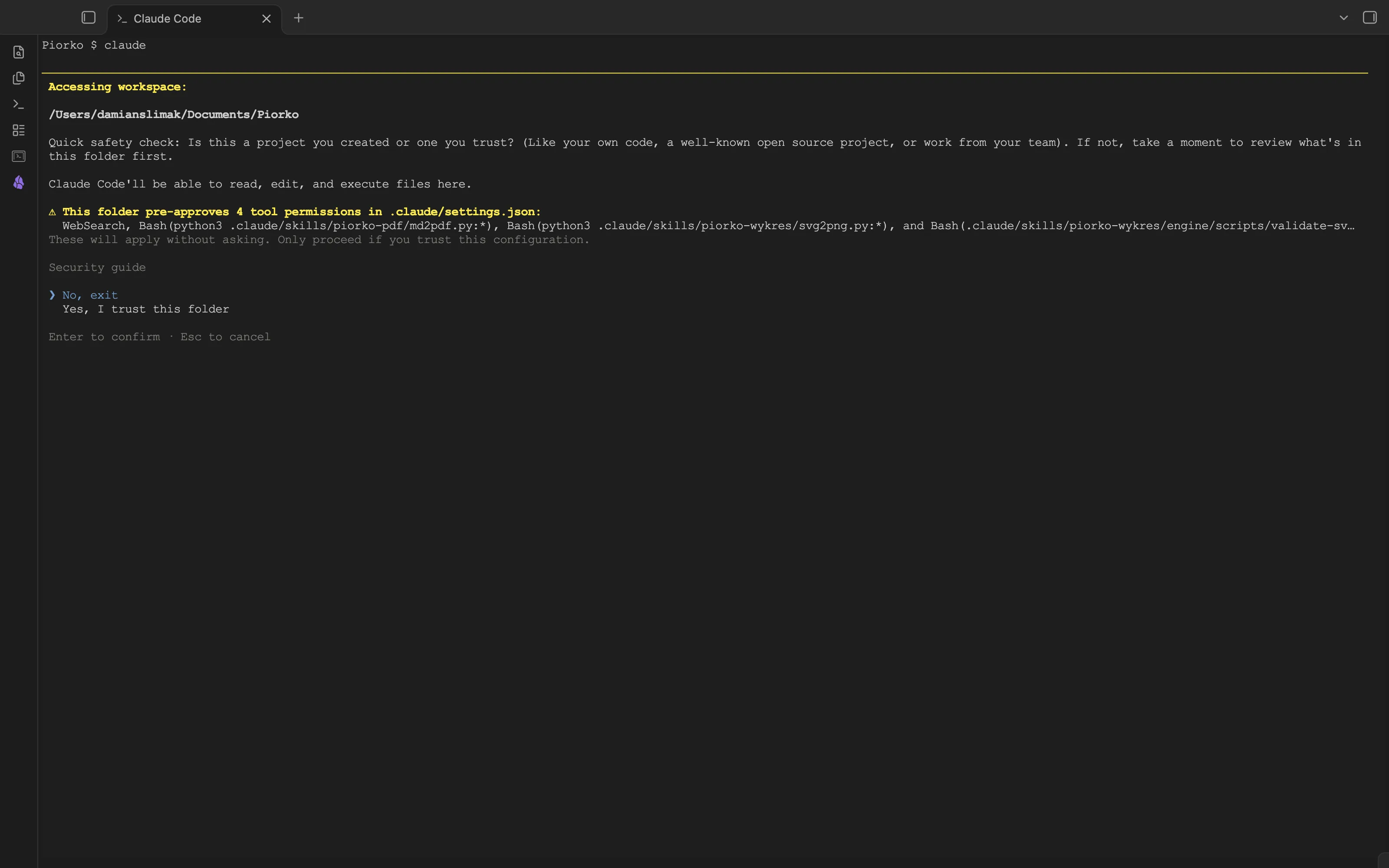 Claude Code w terminalu Termy: okno zaufania do folderu Piorko z listą czterech zatwierdzonych poleceń i wyborem Yes, I trust this folder