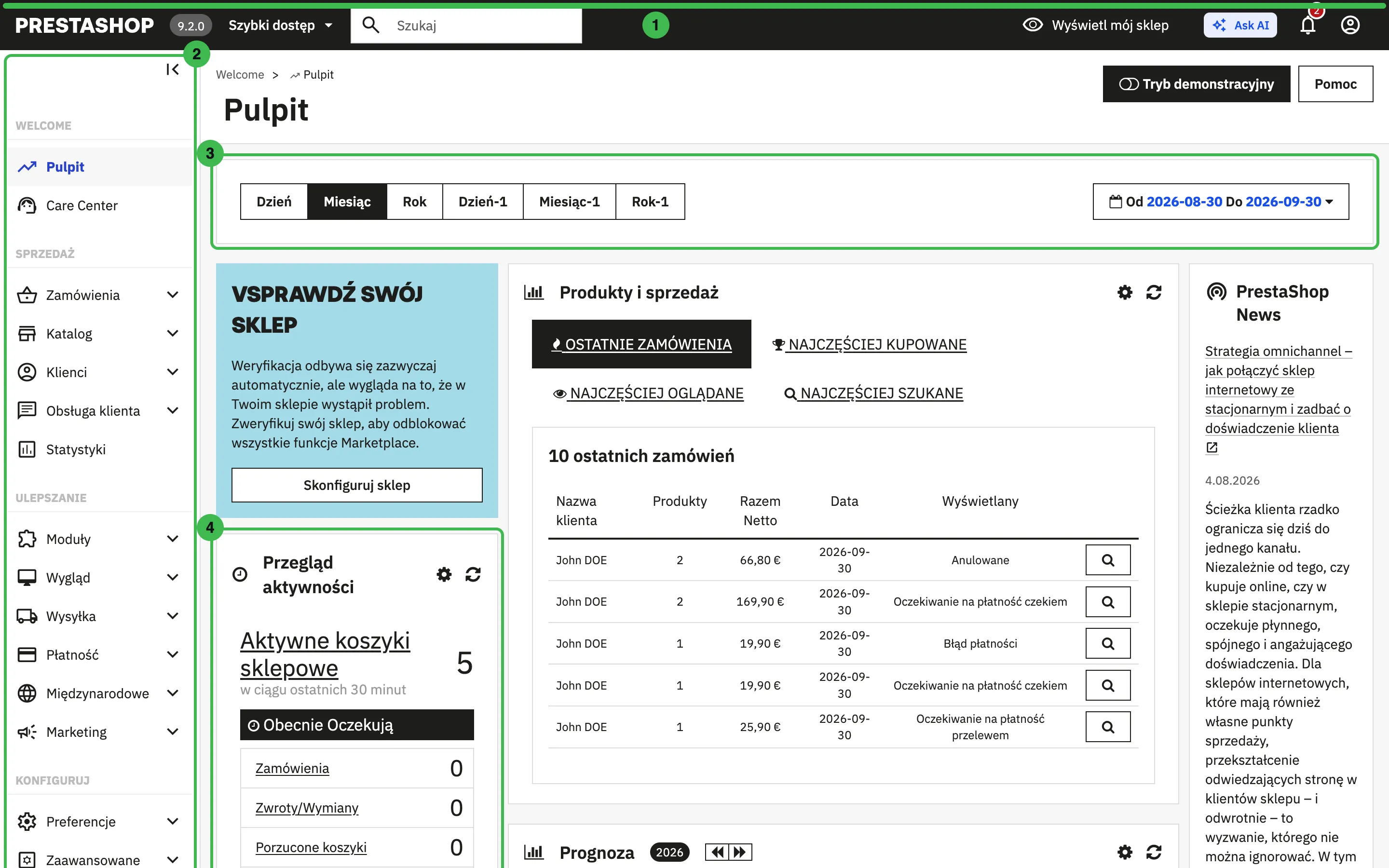 Pulpit panelu PrestaShop 9.2 z zaznaczonym górnym paskiem, menu bocznym, wyborem okresu i przeglądem aktywności