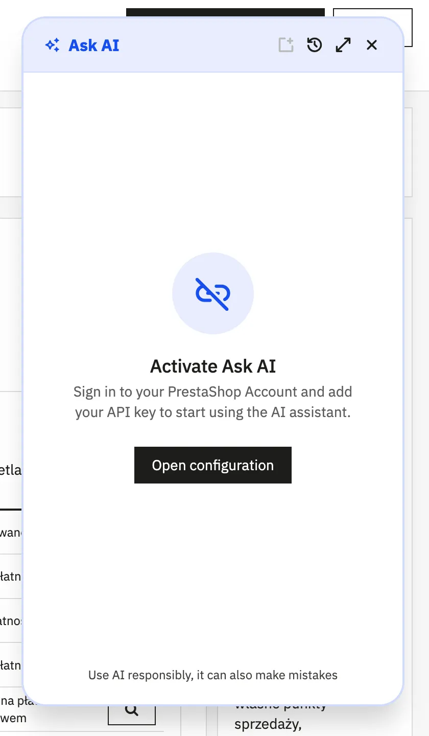 Okno Ask AI w panelu PrestaShop 9.2 z prośbą o aktywację