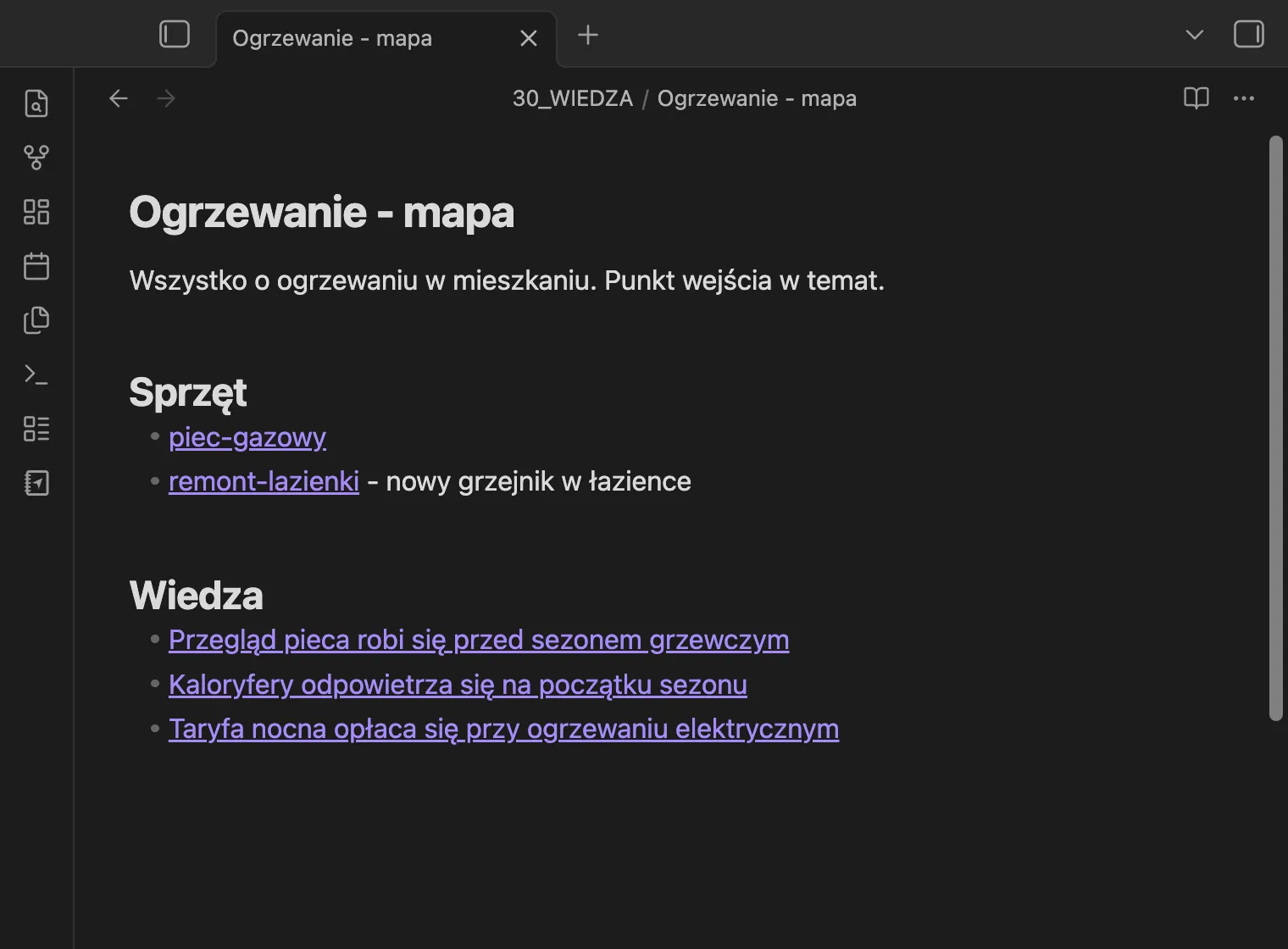 Mapa treści Ogrzewanie: lista linków do notatek z jednego tematu