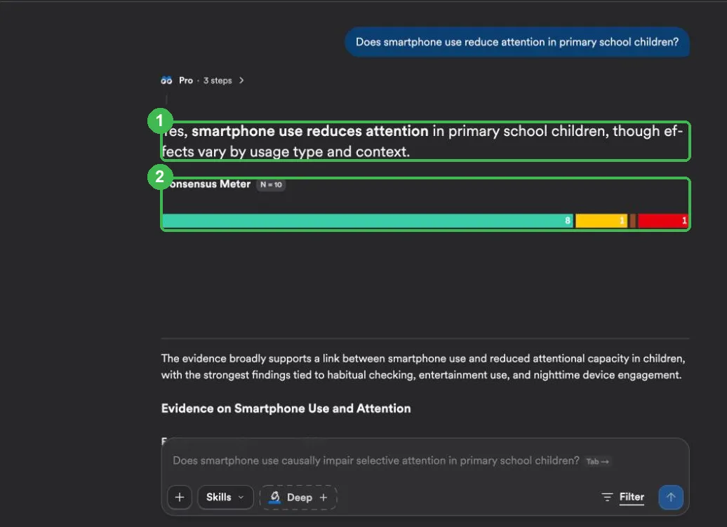Odpowiedź Consensus z Consensus Meter: 8 badań na tak, 1 możliwe, 1 nie