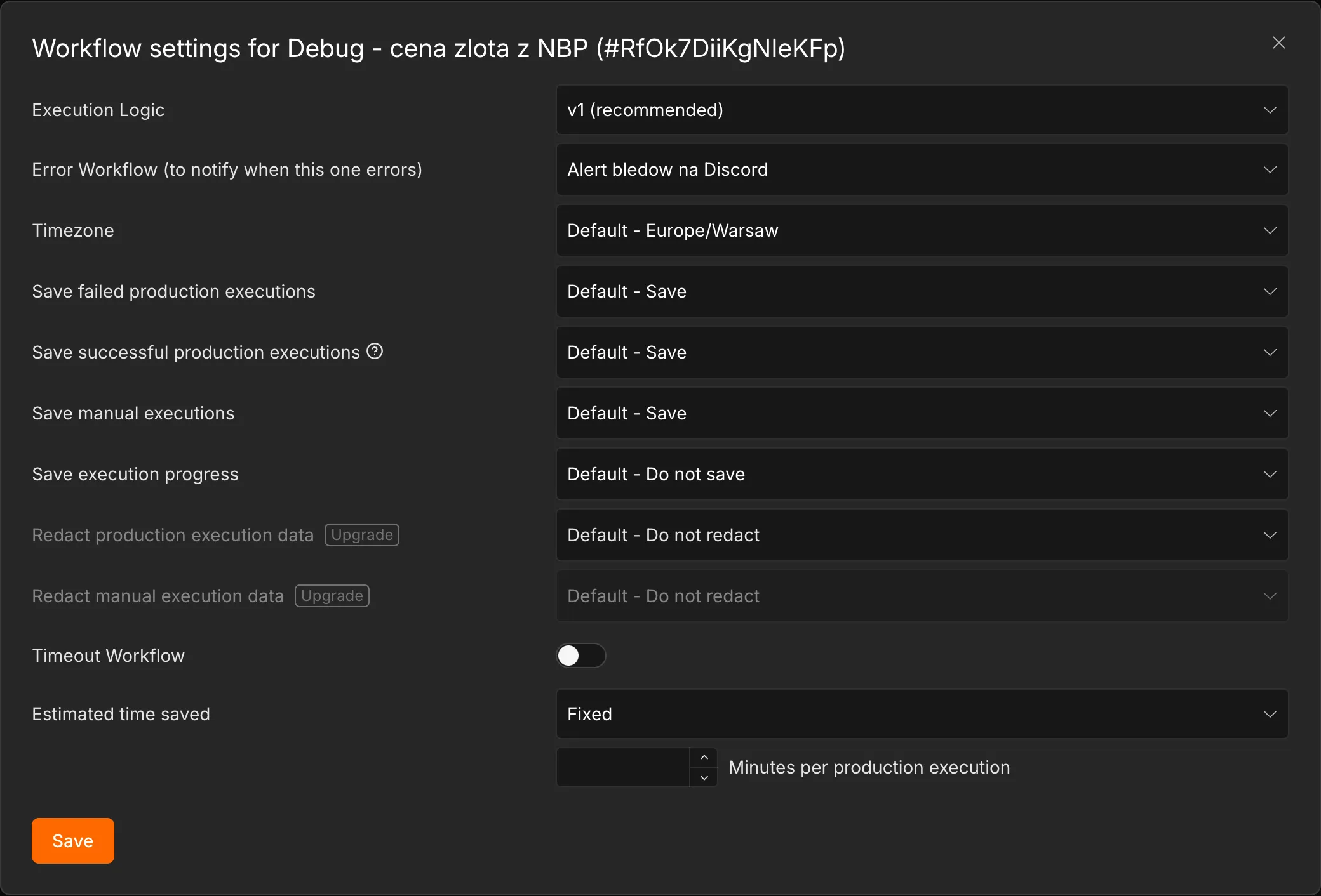 Ustawienia workflow z wybranym Error Workflow Alert bledow na Discord