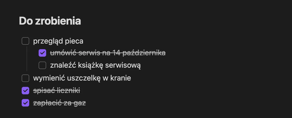 Lista zadań w notatce Mieszkanie: pola zaznaczone i niezaznaczone, z podzadaniami pod przeglądem pieca