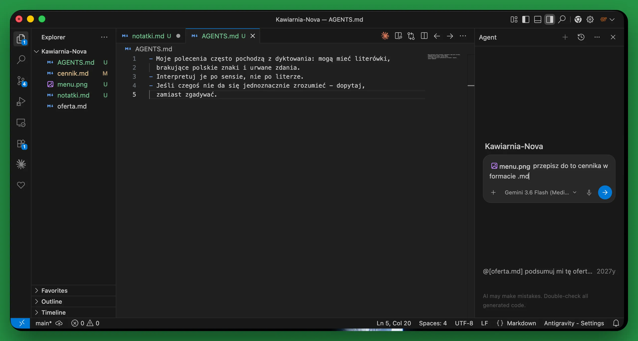 Zdjęcie menu przepisane do tabeli Markdown