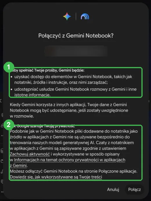 Okno Połączyć z Gemini Notebook z opisem uprawnień i informacją o prywatności