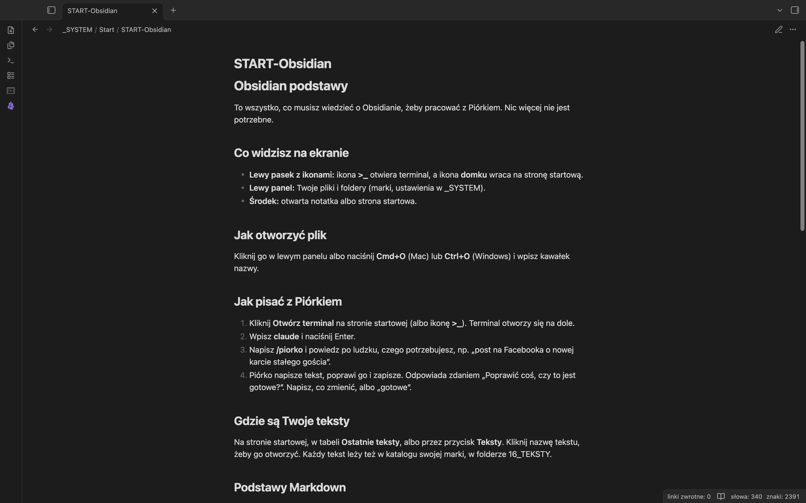 Poradnik Obsidian podstawy w Obsidianie: sekcje Co widzisz na ekranie, Jak otworzyć plik i tabela z podstawami Markdown