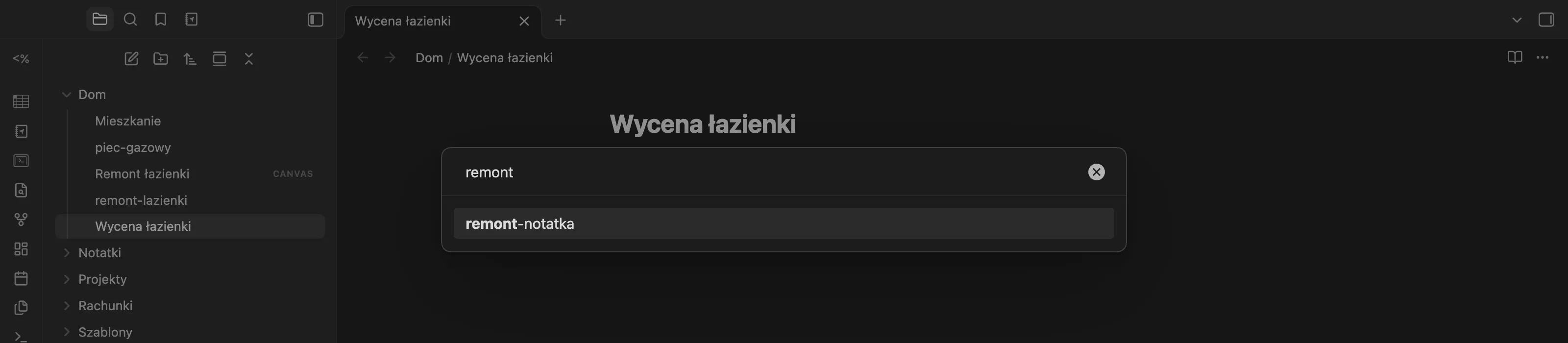 Okno wyboru szablonu Templatera z wpisanym słowem remont i podpowiedzią remont-notatka