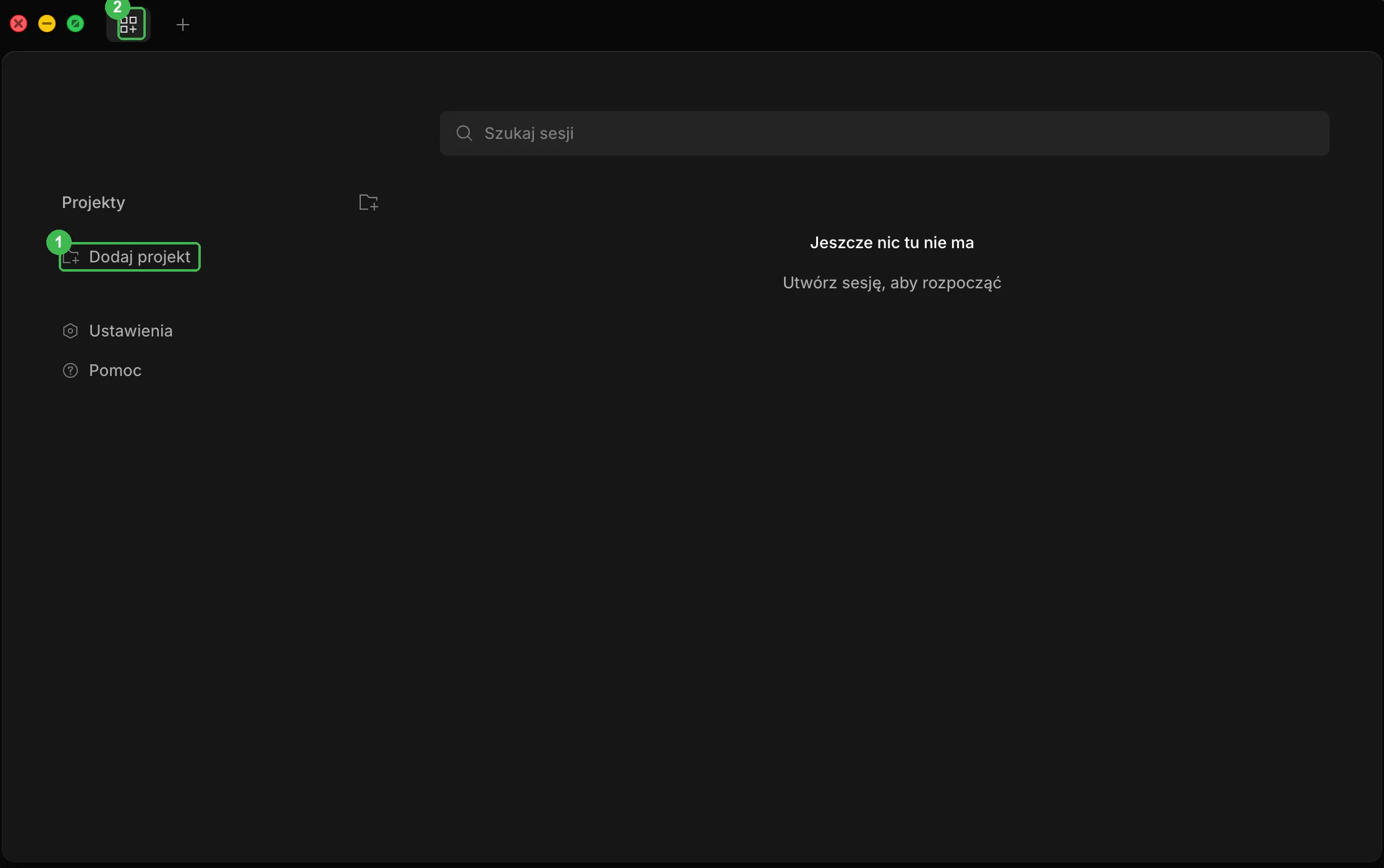 Pierwsze okno OpenCode: lista Projekty z przyciskiem Dodaj projekt i napis Jeszcze nic tu nie ma