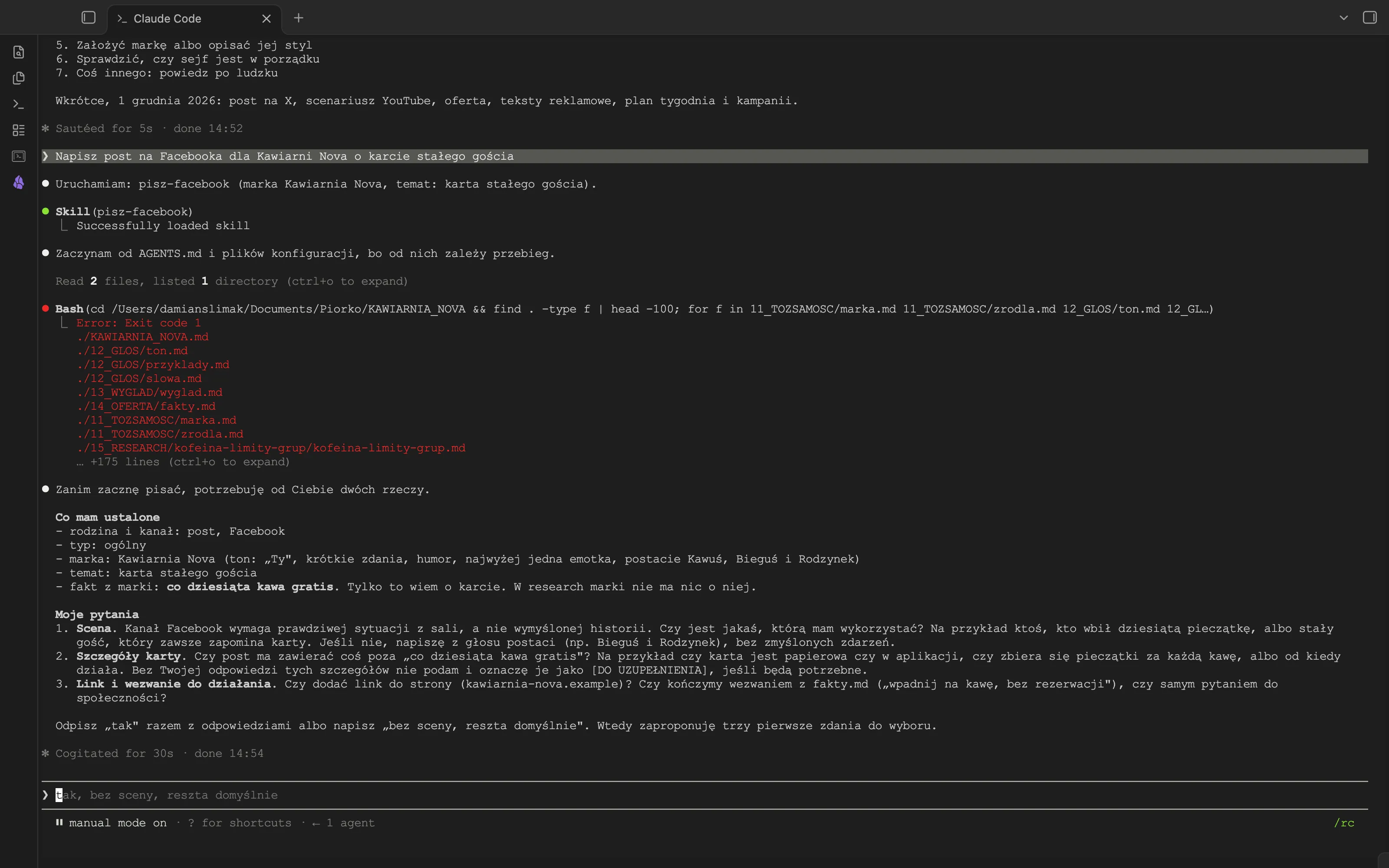 Terminal Claude Code: Piórko uruchamia pisz-facebook dla Kawiarni Nova, wypisuje to, co ustaliło, i zadaje trzy pytania o scenę, szczegóły karty i link