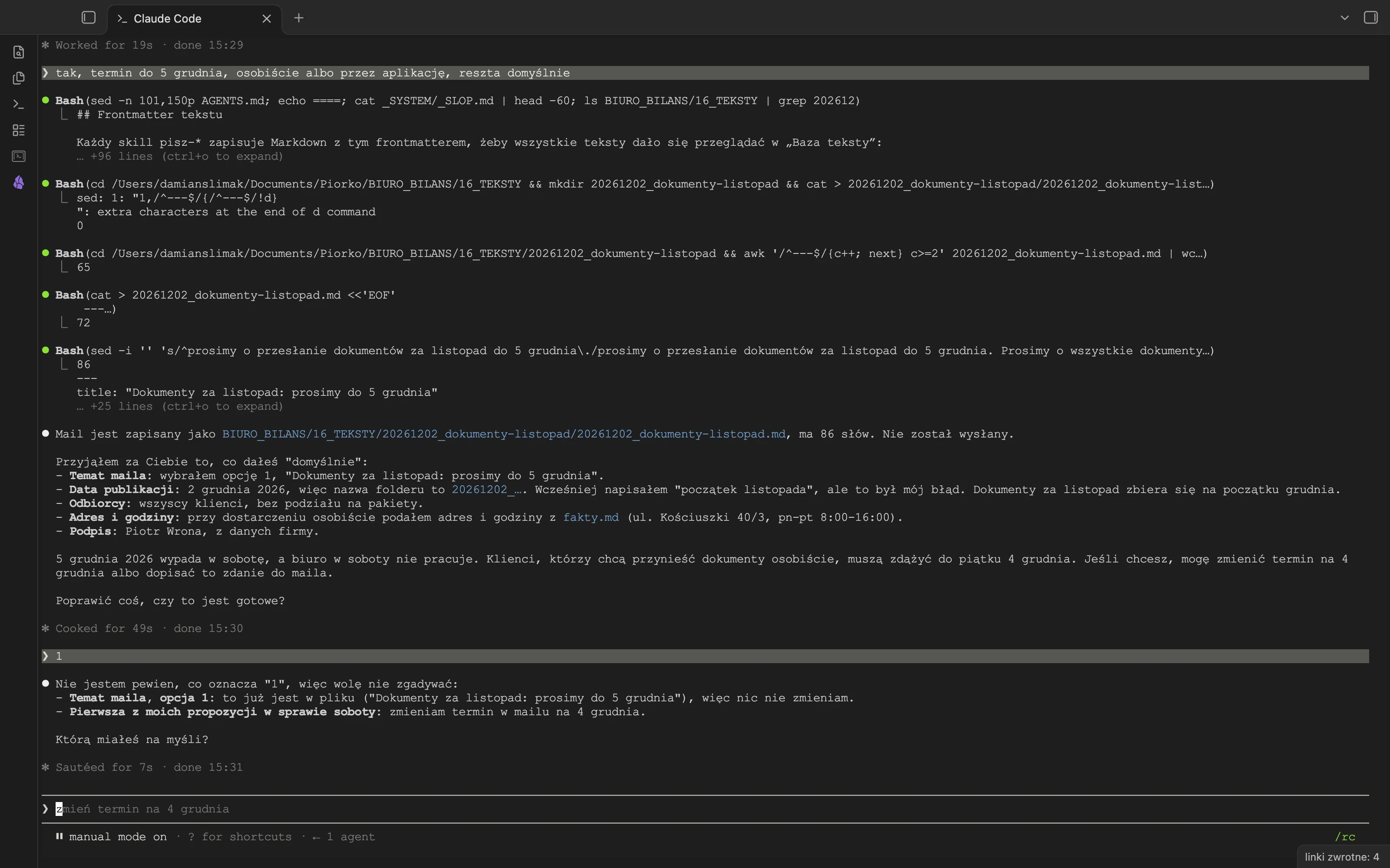 Terminal Claude Code: Piórko zauważa, że 5 grudnia 2026 wypada w sobotę, a biuro nie pracuje, i proponuje zmianę terminu na piątek 4 grudnia