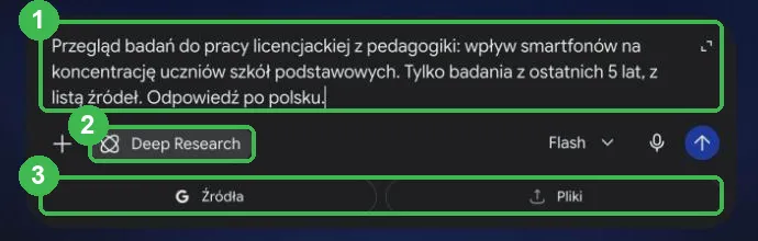 Pole z tematem badania, plakietka Deep Research i przyciski Źródła oraz Pliki