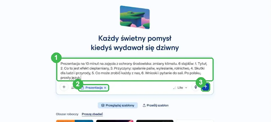 Pole z konspektem prezentacji o zmianach klimatu i plakietką Prezentacja