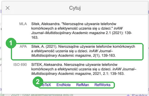 Okno Cytuj z opisem artykułu w stylach MLA, APA i ISO 690 oraz linkami do eksportu