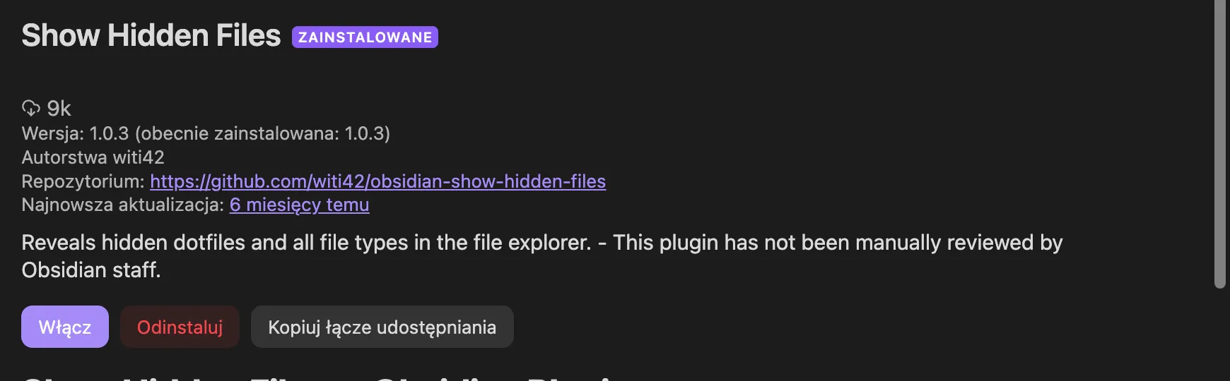 Karta wtyczki Show Hidden Files autorstwa witi42 z przyciskiem Włącz