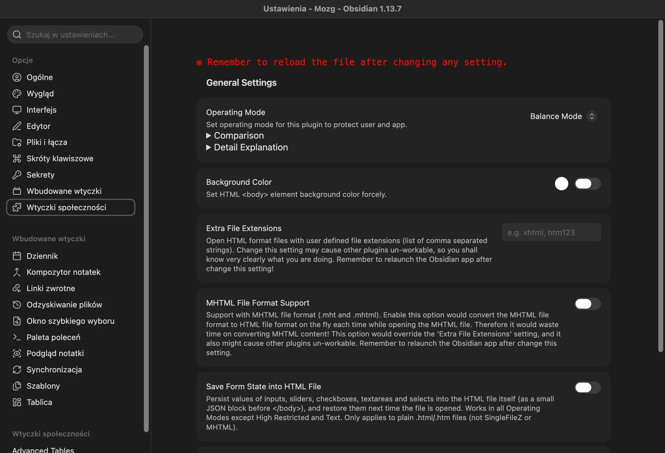 Ustawienia wtyczki HTML Reader: tryb pracy Balance Mode, kolor tła, dodatkowe rozszerzenia plików i obsługa MHTML