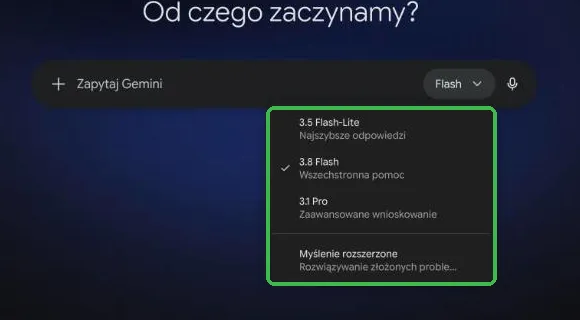 Lista modeli: 3.5 Flash-Lite, 3.8 Flash, 3.1 Pro i Myślenie rozszerzone