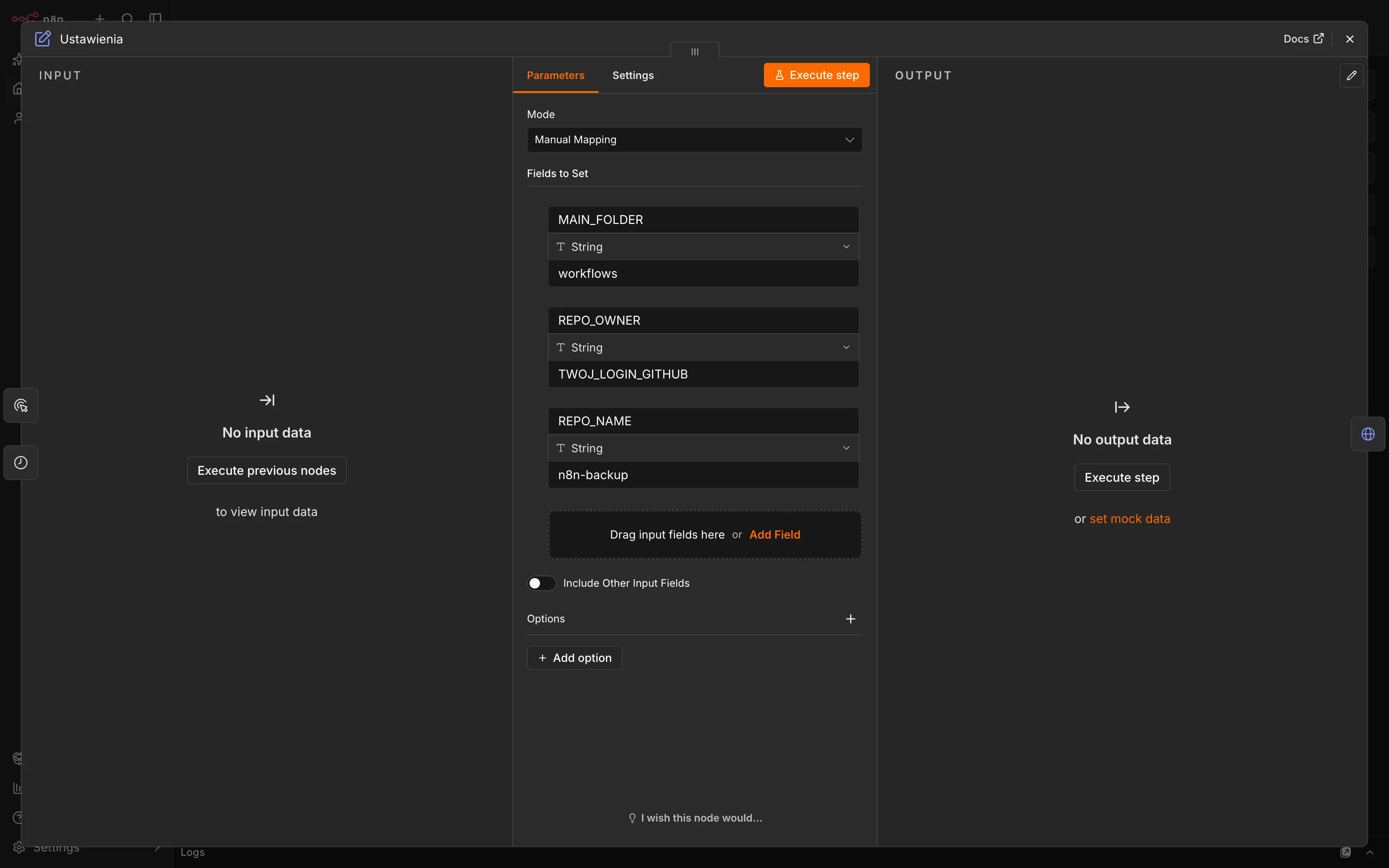 Węzeł Ustawienia z polami MAIN_FOLDER, REPO_OWNER i REPO_NAME