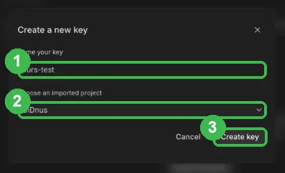 Okno Create a new key: nazwa klucza, wybór projektu i przycisk Create key