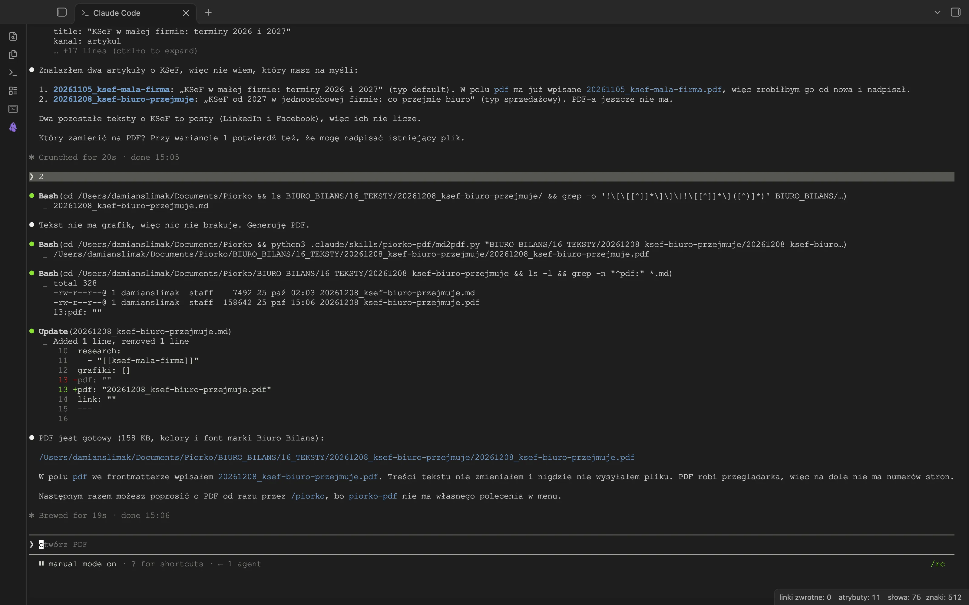Terminal Claude Code: PDF artykułu KSeF od 2027 w jednoosobowej firmie jest gotowy, ścieżka pliku, wpisana nazwa w polu pdf i informacja, że piorko-pdf nie ma własnego polecenia w menu