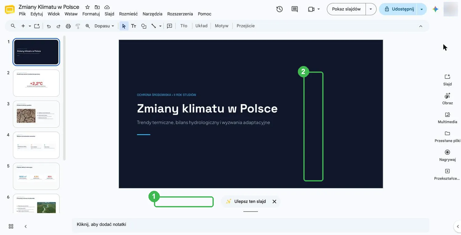 Przycisk Ulepsz ten slajd pod slajdem i pasek z przyciskami Slajd i Obraz