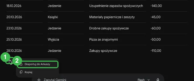 Menu pod tabelą z opcjami Eksportuj do Arkuszy i Kopiuj