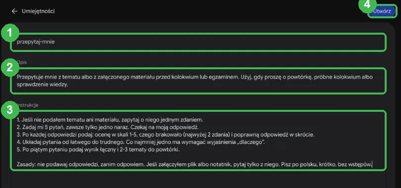 Formularz skilla wypełniony: nazwa przepytaj-mnie, opis, instrukcje i przycisk Utwórz