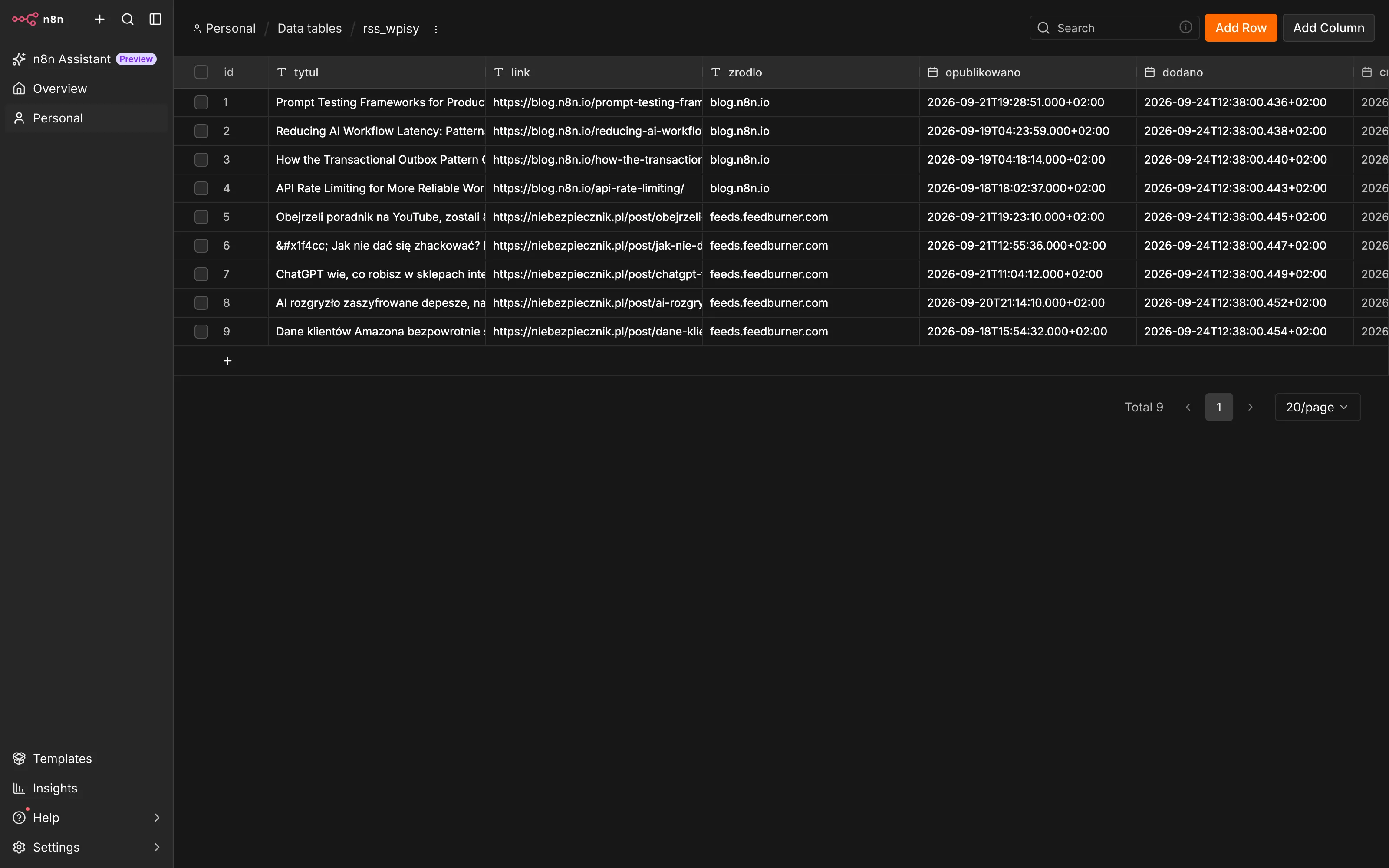 Tabela rss_wpisy w zakładce Data tables z kilkoma wierszami