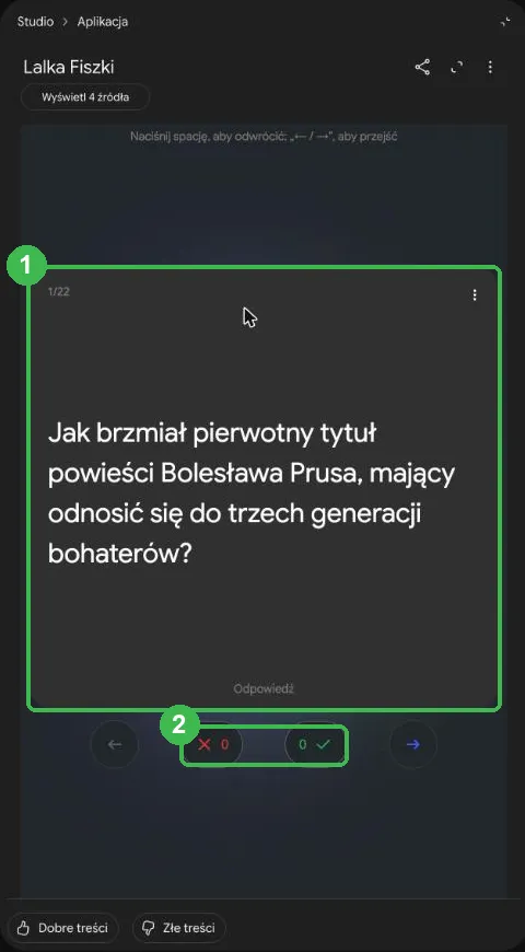 Fiszka z pytaniem o pierwotny tytuł Lalki i przyciski umiem, nie umiem