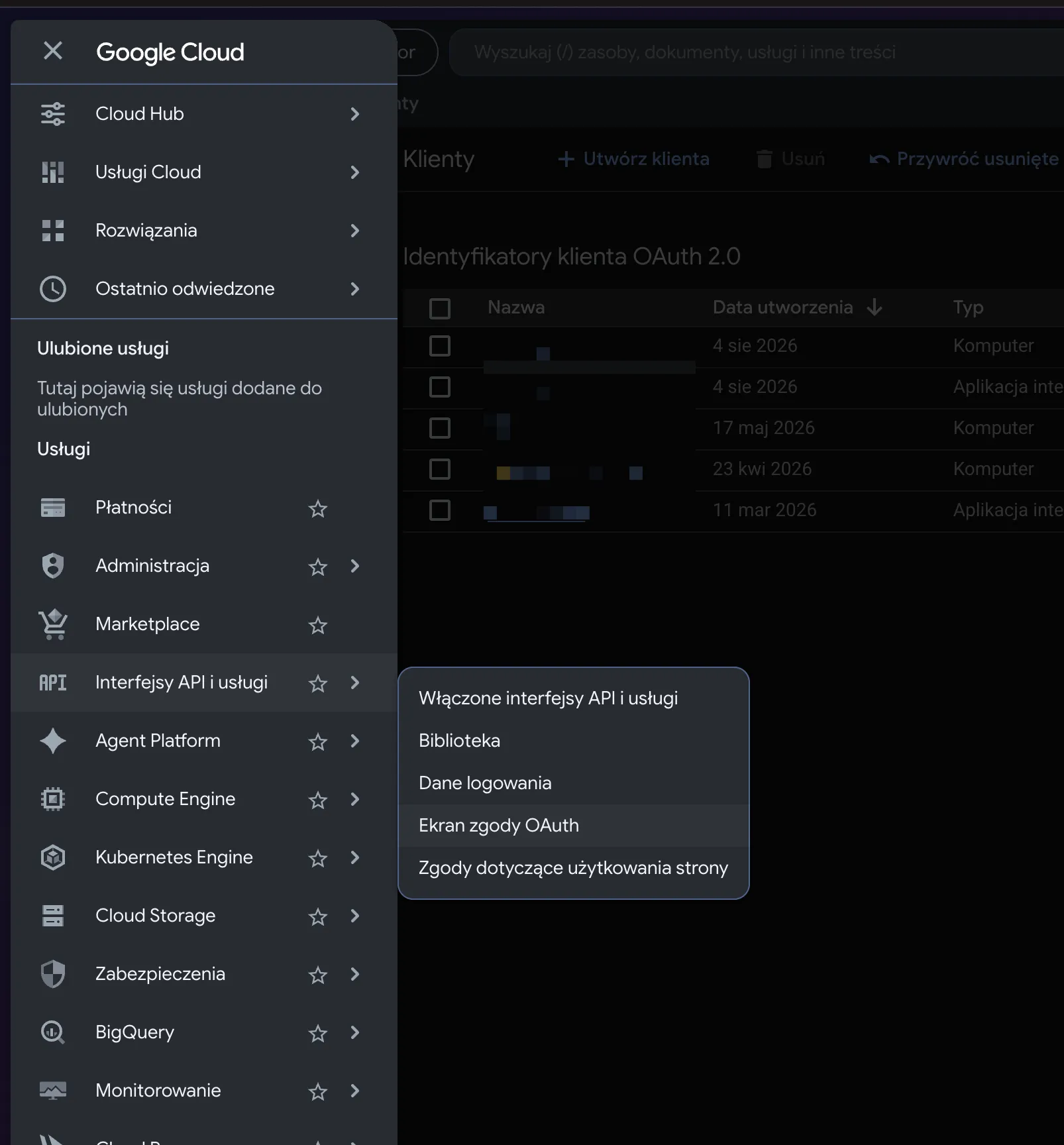 Menu Google Cloud - Interfejsy API i usługi z podmenu: Biblioteka, Dane logowania, Ekran zgody OAuth