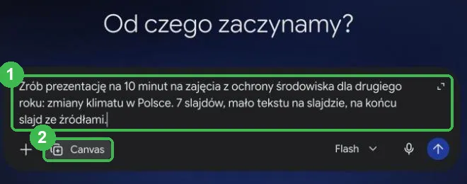 Polecenie prezentacji w polu pytania z plakietką Canvas