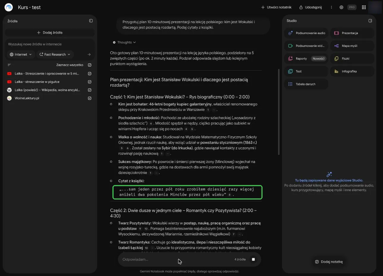 Odpowiedź z planem prezentacji i zaznaczonym cytatem z przypisem
