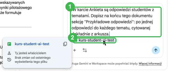 Polecenie w panelu z plakietką arkusza kurs-student-ai-test