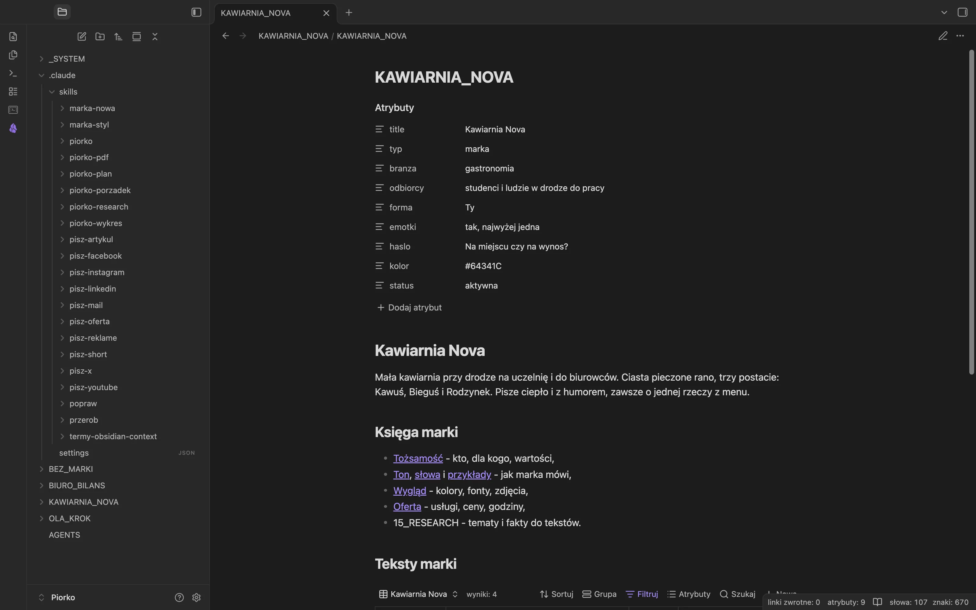 Panel plików Obsidiana z rozwiniętym katalogiem .claude/skills: marka-nowa, marka-styl, piorko, piorko-pdf, pisz-artykul, pisz-facebook, pisz-short, popraw, przerob i inne
