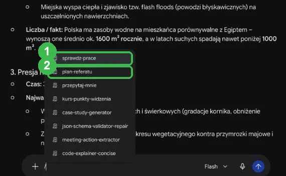 Lista skilli po wpisaniu ukośnika w trwającej rozmowie, wybrany sprawdz-prace