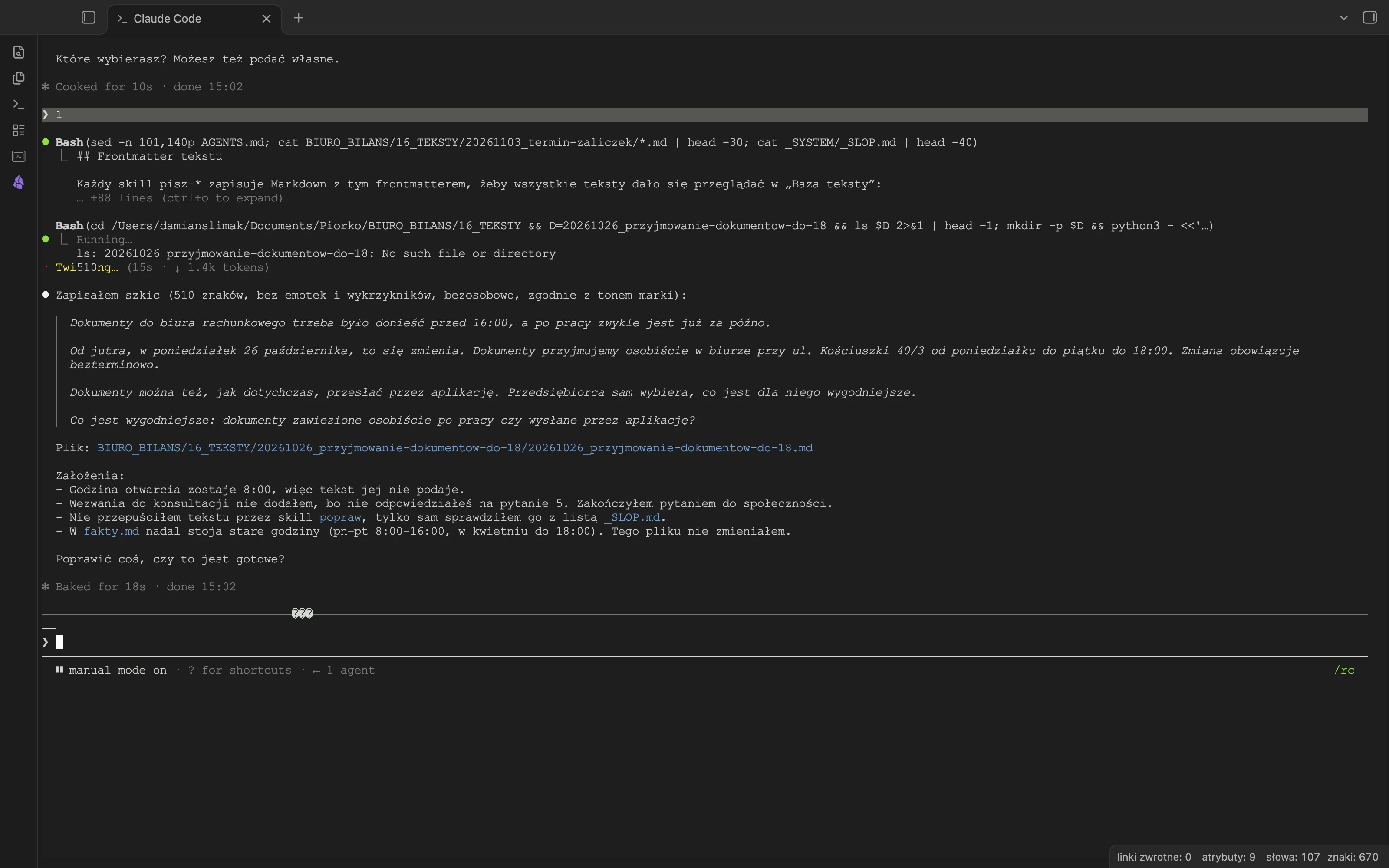Terminal Claude Code: gotowy post Biura Bilans o przyjmowaniu dokumentów do 18:00, ścieżka zapisanego pliku i lista założeń