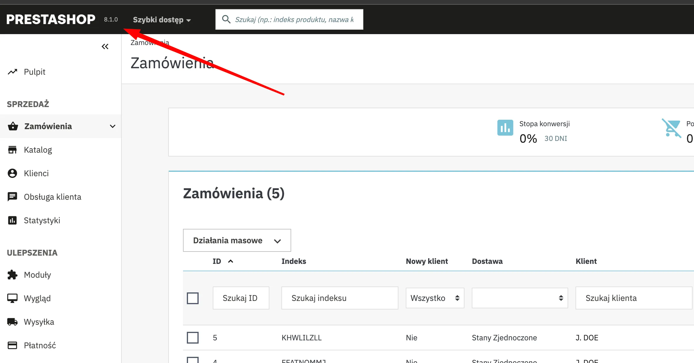 Wersja PrestaShop w panelu