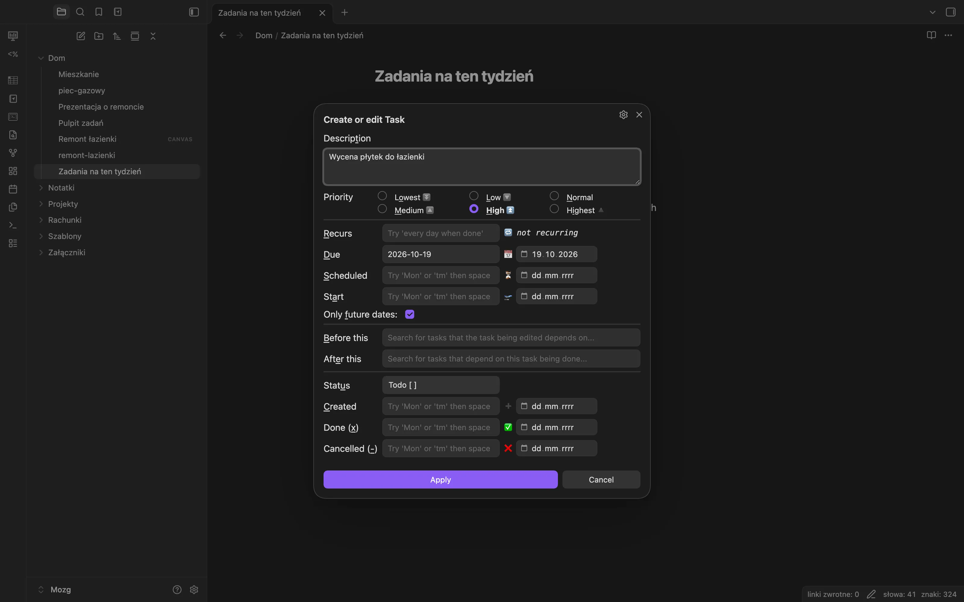 Okno Create or edit Task: opis zadania, priorytet, powtarzanie, daty, status oraz przyciski Apply i Cancel