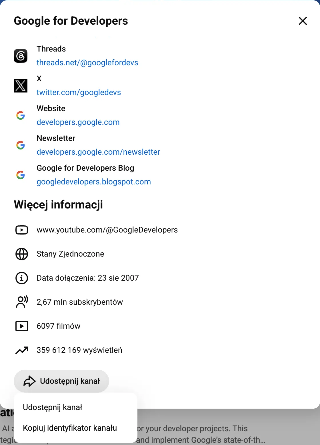 Okno informacji o kanale Google for Developers na YouTube - przycisk Udostępnij kanał z opcją Kopiuj identyfikator kanału