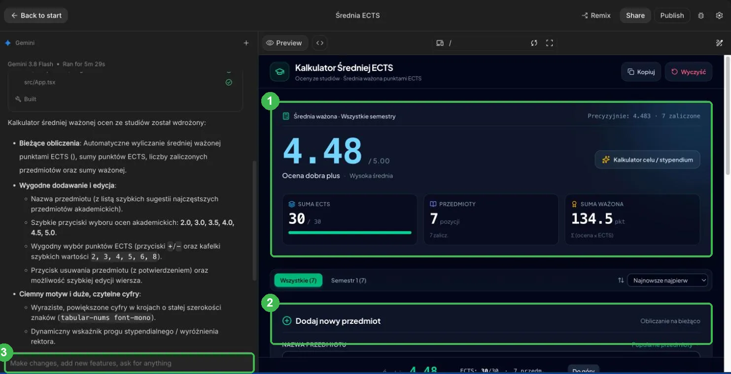 Kalkulator Średniej ECTS: średnia 4.48, suma 30 ECTS, 7 przedmiotów, formularz dodawania przedmiotu