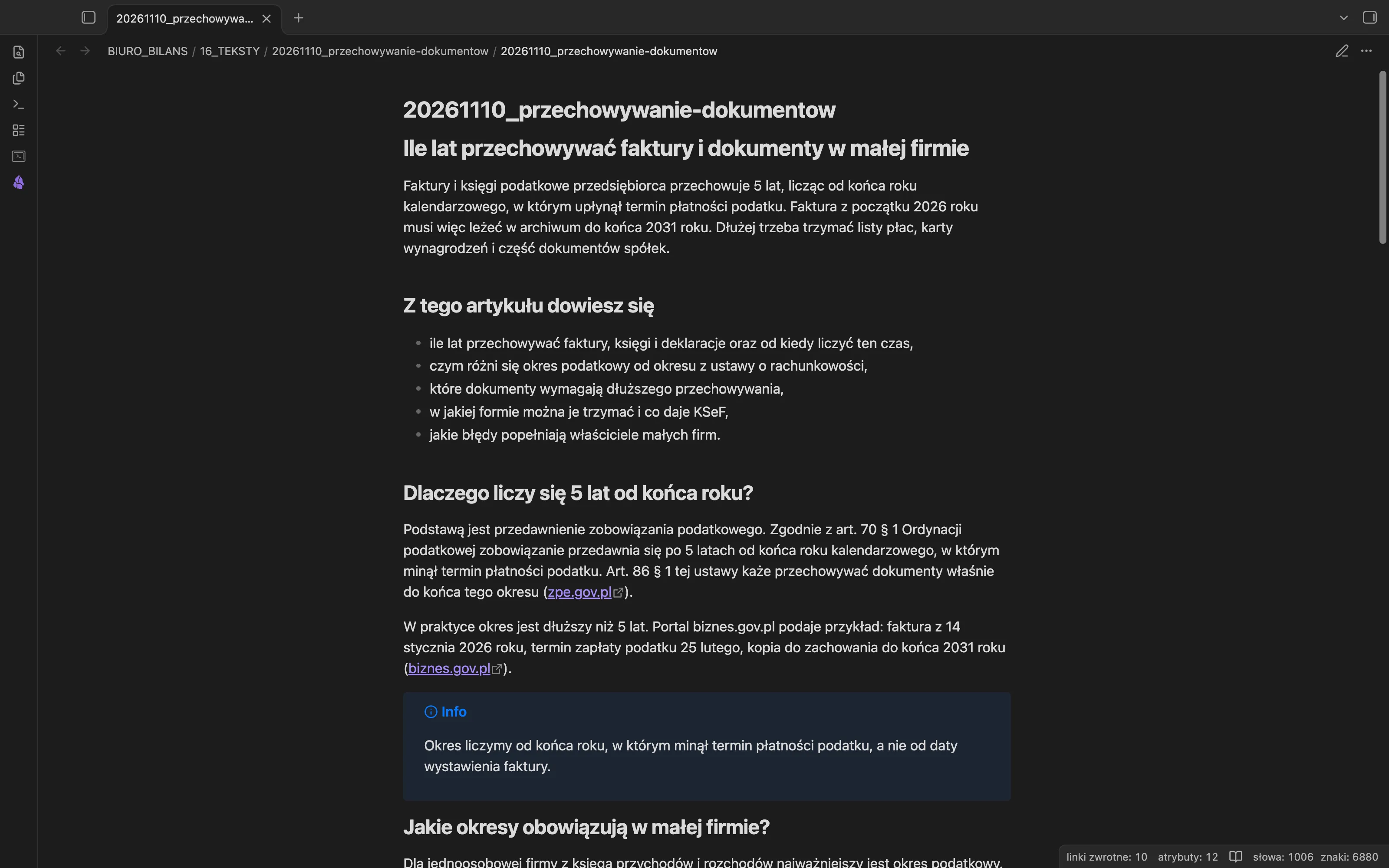 Artykuł Ile lat przechowywać faktury i dokumenty w małej firmie w Obsidianie: tytuł, lead z odpowiedzią i pierwsze sekcje